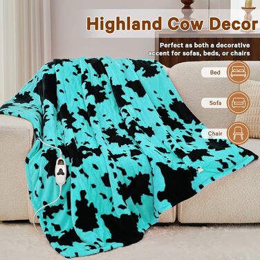 Електрична гріюча ковдра з принтом корів, подвійний розмір, 157 x 213 см, фіолетовий колір, 10 температурних режимів, автоматичне вимкнення через 8 годин, флісова/шерпа ковдра, тепла, подарунок для жінок, розмір 62'x84'