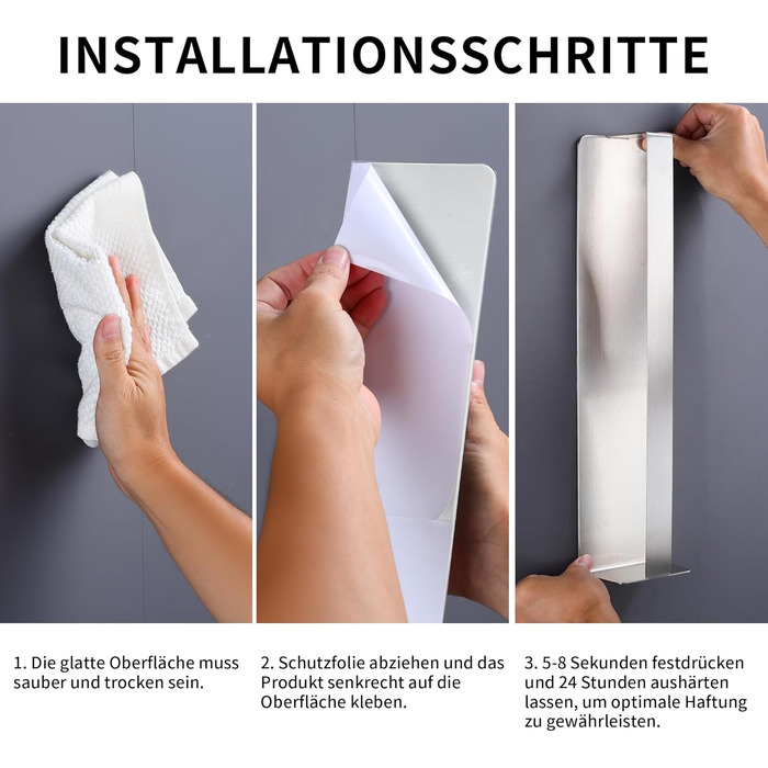 Тримач для рушників ZUNTO без свердління, для гостей, самоклеючий, бамбук, нержавіюча сталь, 40 см, матовий срібло