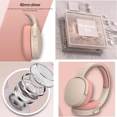 Бездротові навушники HiFi Bluetooth з активним шумозаглушенням, складні, з мікрофоном, для спорту та подорожей (рожеві)