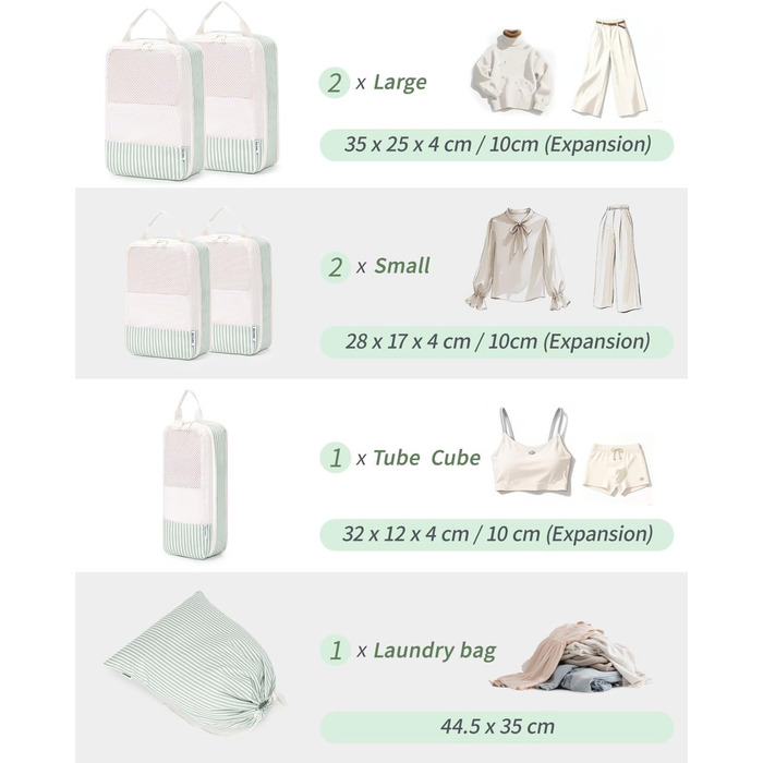 Органайзер для валізи Narwey (6 шт.) - Набір кубів для пакування, компресійні мішки, аксесуари для подорожей (комбінований, зелений)
