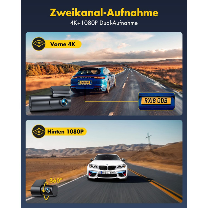 Відеореєстратор GKU Dashcam Auto: 4K+1080P, WiFi 2.4/5GHz, SD 64GB, Паркувальний режим, Нічне бачення, WDR, 170° Кут огляду, G-сенсор, Циклічна запис, Керування через APP, Чорний