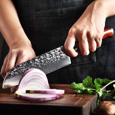 Кухонний ніж Santoku YARENH 18 см з дамаської сталі 73 шари, гострий, дерев'яна ручка, серія HTT