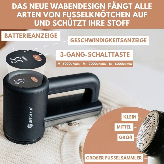 Електричний видальник ворсу WiredLux - акумуляторний пристрій для одягу та меблів. 3 швидкості, 6-ти лезове лезо, LED-дисплей, USB-зарядка (Чорний)