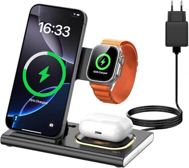 Бездротова зарядка Aimtel 3-в-1 з нічними ліхтариками: сумісна з iPhone 17/17 Pro/17 Pro Max/17 Air та Apple Watch, Air-Pods Pro/4/3/2. Чорний колір