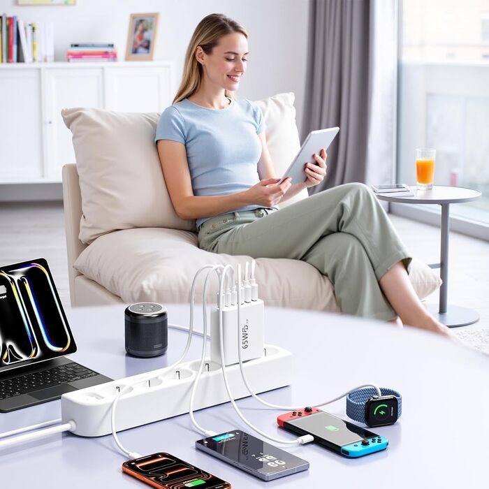 Зарядний пристрій USB-C 65W, 6 портів, мережевий адаптер для iPhone 17/16/15/14, iPad, Galaxy S25, планшетів та мобільних телефонів