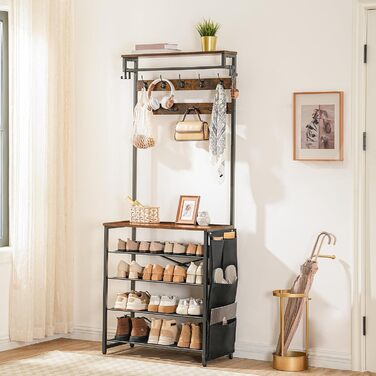 HOOBRO Coat Rack with Shoe Storage, Shoe Shelf with Coat Rack, Clothes Rack with 5-Tier Shoe Storage, Coat Rack with Shoe Cabinet, Adjustable Metal Grid Shelf, Greige EBG75MT01 (Vintage Brown + Black)