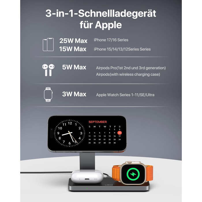 Бездротова зарядна станція 3-в-1 з Qi2.2 25W для Apple Watch та iPhone (MagSafe) + адаптер 35W, чорна