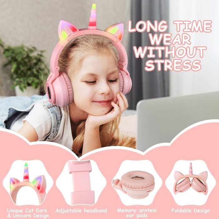 Дитячі навушники AXFEE з Bluetooth, котячі вушка, LED-підсвітка, Over-Ear, стерео, бездротові, з мікрофоном, Micro SD/TF, для телефону/планшета/ПК, рожеві