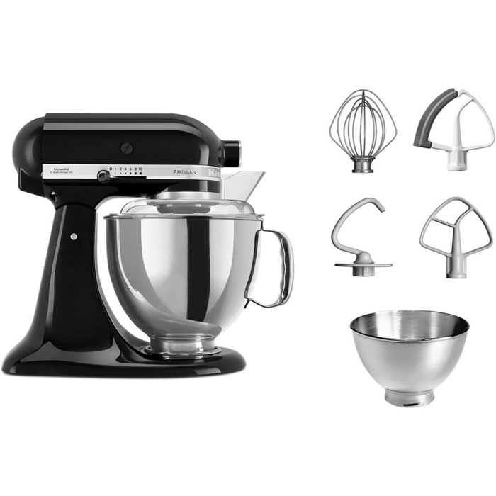 Кухонний комбайн KitchenAid Artisan з нахиленою чашею, тістоміс, 5 насадок, 2 чаші з нержавіючої сталі, 4.8 л, Onyx Black