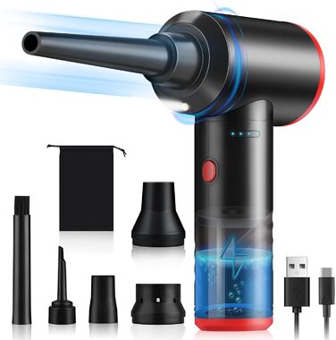 Електричний пилосос для повітряного продування BUDOCI, 3 швидкості, 100000 об/хв, 6000 mAh, з LED-підсвічуванням, для чищення ПК, клавіатури, диванів, офісної техніки, авто (чорно-червоний)