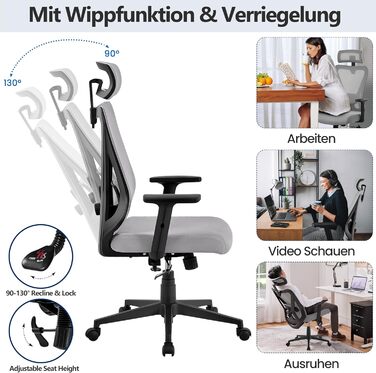 Офісне крісло Yaheetech з регульованою підголівником та підтримкою попереку, дихаюча сітчаста спинка, широке сидіння, S-подібна спинка, поворот на 360°, сірий колір