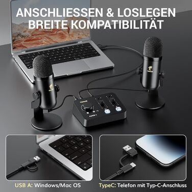 Набір мікрофонів TONOR для подкастів та ASMR з аудіоінтерфейсом, мікшер, USB, чорний