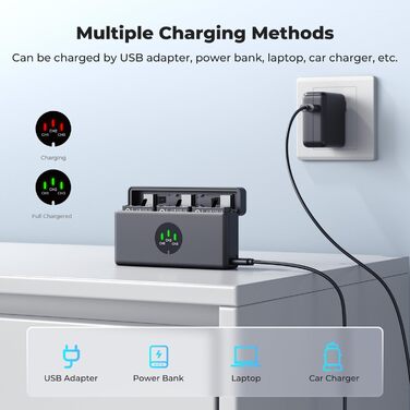 Набір акумуляторів K&F CONCEPT Osmo Action 5 Pro (3 шт.) з тризарядним пристроєм, 2100 mAh, сумісний з DJI Osmo Action 5 Pro, 360, 6, 4, 3