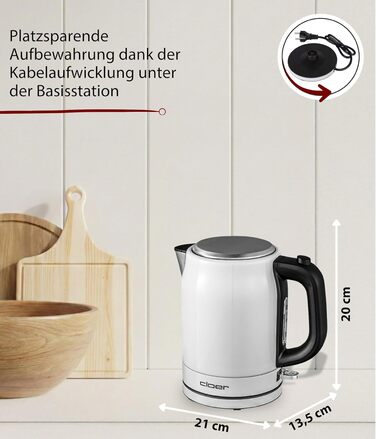 Електричний чайник Cloer 4511 з нержавіючої сталі, 2200 Вт, білий, 1 літр