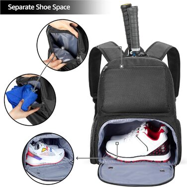 Рюкзак для тенісу DSLEAF з відділенням для взуття, сумка для 2 ракет, з підкладкою на плечах, чорний (для жінок та чоловіків)