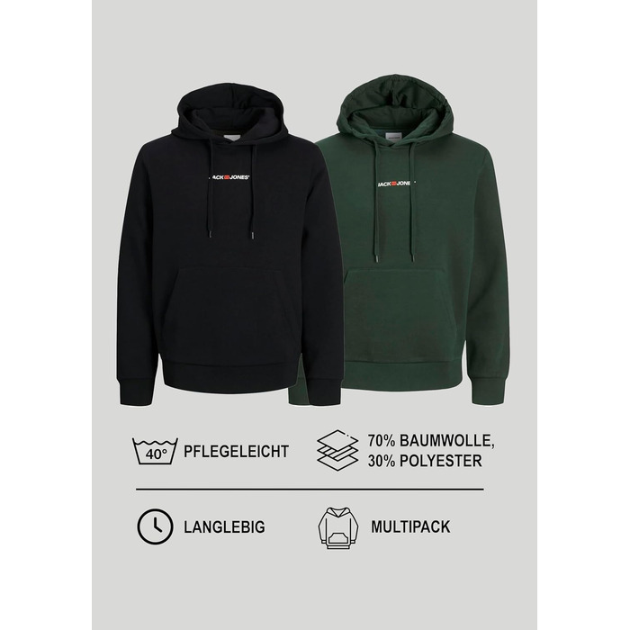 Набір худі для чоловіків JACK & JONES (2 шт.), бавовняний світшот з каптуром, чорний та темно-зелений, розмір L