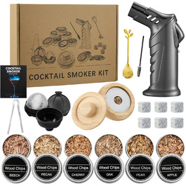 Набір для димування коктейлів та віскі – 6 видів деревини, ліхтарик, генератор диму (без бутану) – покращений нагрівач, 2 форми для льоду, 6 гранітних каменів
