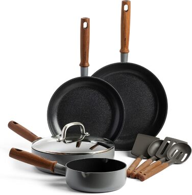 GreenPan Mayflower Pro Harteloxierte Healthy Ceramic Non-Stick, 9-Piece Cookware Set, with Frying Pan, Saucepan, Sauté Pan & Utensils, Vintage Wood Handle, PFAS-Free, Induction-Compatible, Charcoal Gray Cookware Set 9-Piece