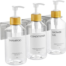 Настінний диспенсер для мила 3 шт, 500 мл, набір для душу та шампуню, чорний без свердління для кухні та ванної кімнати (прозора пляшка + білий бамбуковий ковпачок)