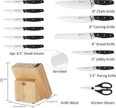 Набір ножів у блоці 13 предметів з нержавіючої сталі з ергономічними ручками, кухонний набір ножів, дерев'яний блок з шкіряним ремінцем
