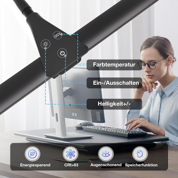 LED лампа настільна для офісу та дому, світло для монітора, 1400 люмен, регульована яскравість, кріплення на кліпсі, світильник для робочого місця, гнусий «лебединий шия», подвійний насадки, 5 режимів кольору та рівнів яскравості, білий колір (чорний, 64 