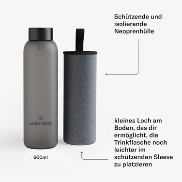 waterdrop® Edition Glass Bottle 600ml Drinking Bottle, Leak-Proof Glass, Carbonated Drinks Safe | BPA-Free Water Bottle including Neoprene Sleeve | Dishwasher-Safe, Lightweight Borosilicate Glass Bottle
