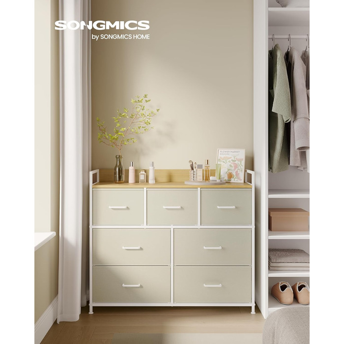 SONGMICS Chest of Drawers, Cabinet, 7 Fabric Drawers with Handles, Metal Frame, Industrial Design, Vintage Brown-Ink Black LTS137B01 (Cream White + Cloud White, 28.5W x 98D x 85H cm)