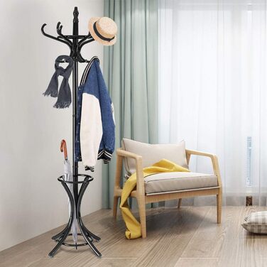 GIANTEX Coat Rack with Umbrella Stand, Clothes Rack Wood with 12 Clothes Hooks, Coat Tree Wood Freestanding, Standing Coat Rack for Entryway Living Room (white) (black)