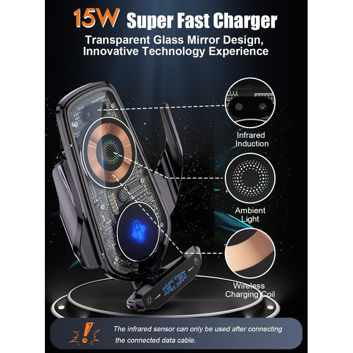 Бездротовий автомобільний зарядний пристрій AmazeFan 15W Qi з тримачем для телефону, чорний