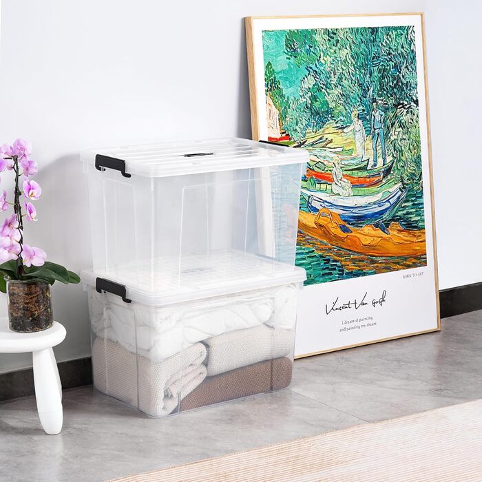 Cetomo 90L*3 Storage Boxes, Portable Plastic Boxes with Lids, Organizer Containers with Handles and Clips, Stackable, Nestable, for Home and Office, Transparent, 90L - 3 Pack