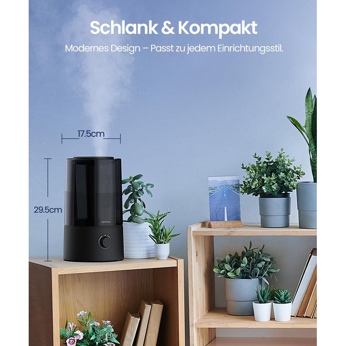 Зволожувач повітря Raydrop для спальні та дитячої кімнати, 1,7 л. Тихий, компактний ультразвуковий зволожувач для дитячої та рослин, просте керування та легке очищення, автоматичне вимкнення, 1,7 л, білий (4,0 л, чорний)