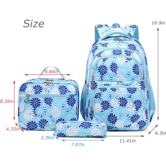 Шкільний рюкзак ZHIERNA для дівчаток-підлітків: набір з ланч-боксом та пеналом, блакитний