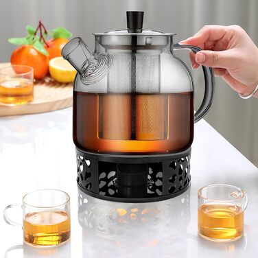 Скляний чайник з ситечком та підставкою для підігріву, 1500 мл, з боросилікатного скла, для листового чаю та чайних пакетів, чорний