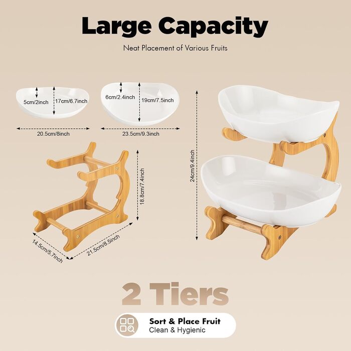 Керамічна фруктова тарілка-етажерка на 2 яруси MEESOGA з бамбуковою підставкою для кухні | Фрукти, овочі, снеки