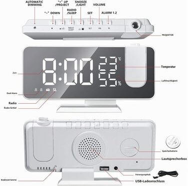 Цифровий LED-будильник-проектор з дзеркальною поверхнею, FM-радіо, USB-портом, гігрометром та термометром, білий