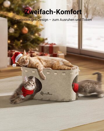 Будиночок для котів з фетру, лежанка для котів, затишна кімната для котів, 58 x 33 x 30 см, ігровий Peek-a-Boo, зимовий, захист кігтів, бежевий, 1 шт.