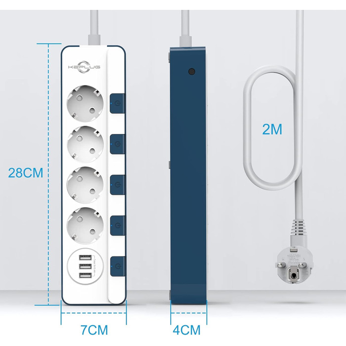 Мережевий фільтр KEPLUG з 6 розетками та 3 USB-портами (4000W, 16A), блакитний, з дитячим захистом, 2 м кабель