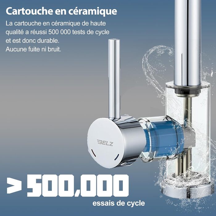 Змішувач для кухні BELZ з висувною лійкою, 3 режими, поворотний на 360°, з нержавіючої сталі SUS304, матовий хром