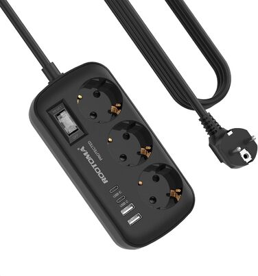 Многорозеткова станція з захистом від перенапруги, 3 розетки, 4 USB (2 USB-C), вимикач, кабель 1,5м, для дому/офісу, білий/чорний