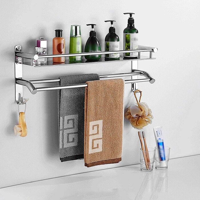 Тримач для рушників з полицею та гачками, хром, нержавіюча сталь, 59 см, для ванної кімнати, кухні, туалету