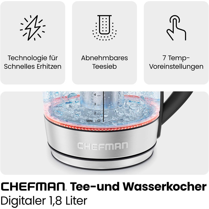 Chefman 1.8L Electric Glass Kettle with Temperature Control - Stainless Steel, Infuser, Auto Shutoff, LED Display
