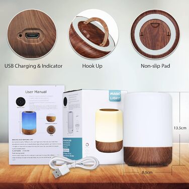 LED нічник на тумбочку з торканням, регулювання яскравості, працює від батарейок, 8 кольорів та 3 режими, дерев'яний масив, нічник на батарейках USB-зарядка з таймером для спальні, вітальні (волоський горіх, 1 шт.)