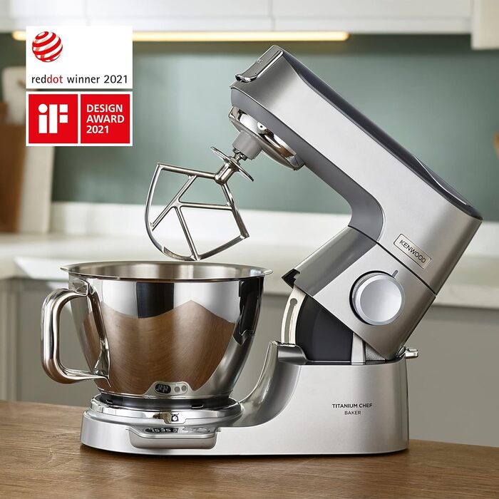 Кухонна машина Kenwood Titanium Chef Baker KVC85.004SI з вбудованими вагами, 1200 Вт, 2 чаші (5 л та 3,5 л), набір для кондитерських виробів, плавне регулювання швидкості, срібляста