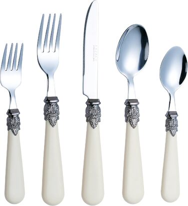 EXZACT Ivory Creme Flatware Set, 20 Pieces, Stainless Steel with Detailed Handles, Traditional, Elegant, Vintage Style/Antique