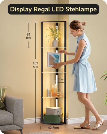 Стійка лампа EDISHINE з 4 полицями з дерева, LED диммер, 3 колірні температури, поворотний світловий маніпулятор, підсвічування полиць, футовий вимикач (чорний+скло)