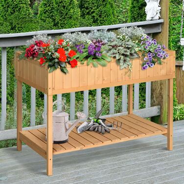 Outsunny Planting Table Raised Garden Bed Planting Table Flower Box Seedling Table 8 Compartments with Drainage, Shelf, Fir Solid Wood Natural Wood 110 x 46 x 76 cm | Aosom