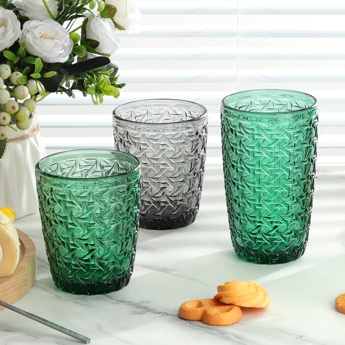 Joeyan 300ml Green Glass Set, 6-Piece, Vintage Colored Drinking Glasses with Embossed Design, Colorful Water Glasses Dishwasher Safe