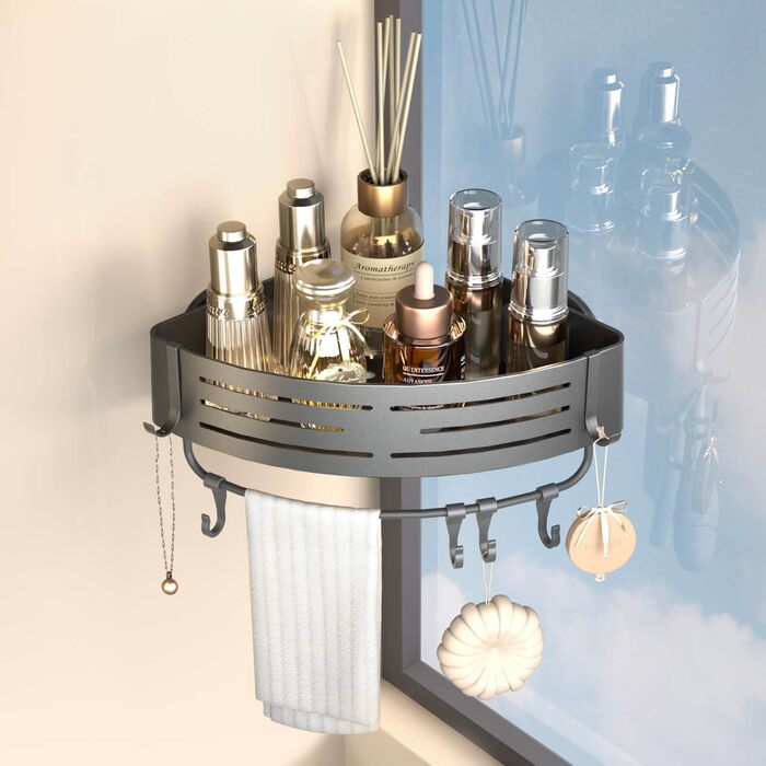 Двомісне куткове поличок для душу без свердління з присосками, водонепроникний органайзер для ванної кімнати, з тримачем для рушників, для шампуню та гелю для душу, чорний матовий (1 шт. сірий кутовий поличок для душу)