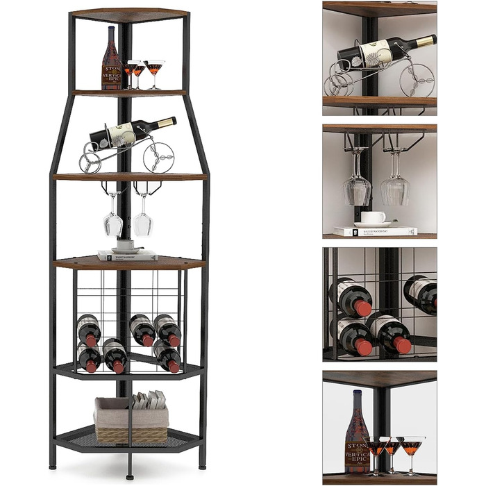 VEDECASA Corner Wine Rack Freestanding 5-Tier Corner Bar Shelf with Glass Holder and Wine Storage Industrial Wine Rack Wine Bar Cabinet for Kitchen Bar Cellar Dining Room vintage brown-black