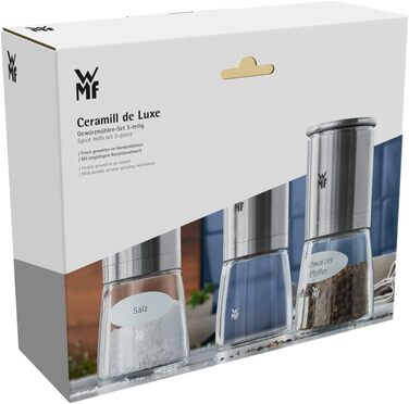 Набір млинків для солі та перцю WMF De Luxe, 3 предмети, нержавіюча сталь Cromargan, матова, скло, керамічний механізм, наповнені, для солі, перцю, чилі
